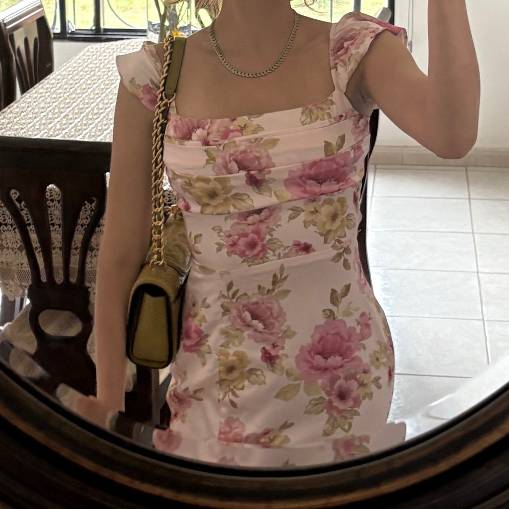 Alena Floral Satin Ruffle sleeve Column Dress